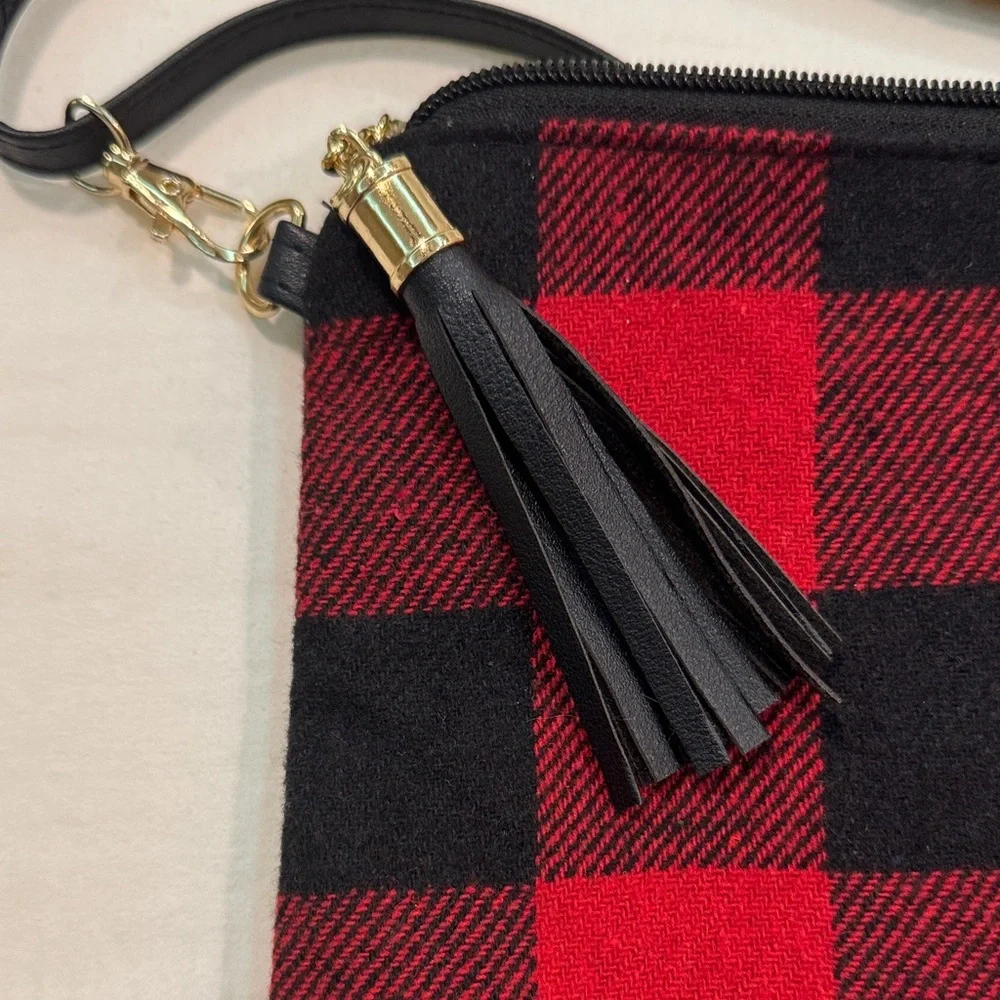 Red and Black Buffalo Plaid Crossbody Bag with Tassel